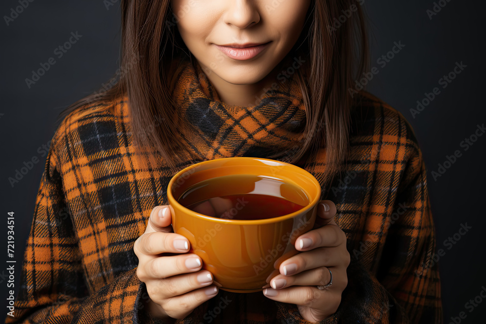 Serene Moment: A Graceful Woman Embracing Warmth With a Delicate Cup of Herbal Tea