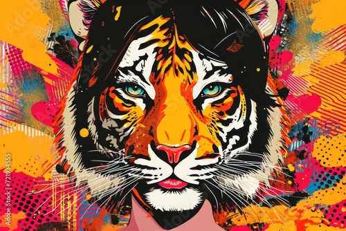 A mesmerizing fusion of human and beast  as vibrant strokes and intricate lines form a stunning portrait of a majestic bengal and siberian tiger