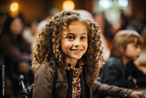 Joyful Moment: Radiant Young Girl Showcases Her Infectious Happiness While Sitting at a Vibrant Table.