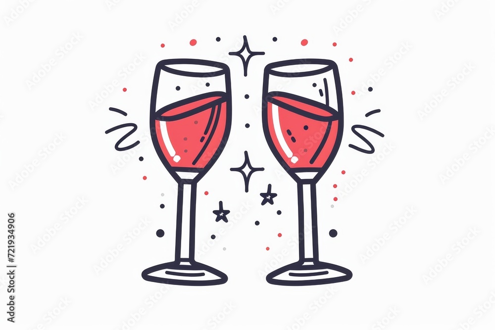 Two elegant champagne stemware glasses, delicately drawn and filled with a rich red wine, resting on a bar counter surrounded by artfully sketched barware, evoking a sense of sophistication and indul