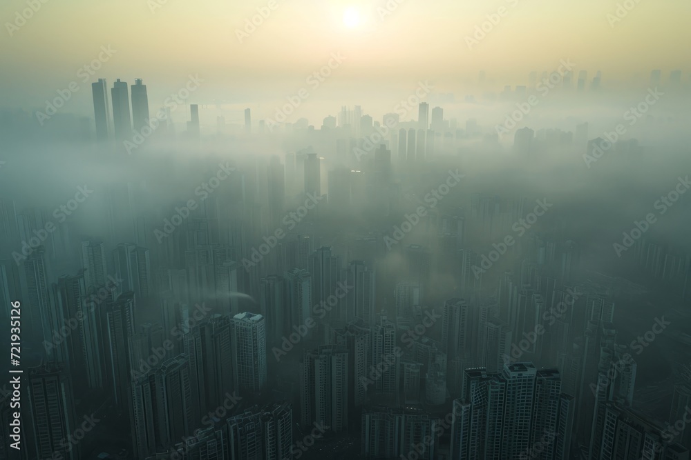 A misty metropolis awakens as the sun peeks through the towering skyscrapers, creating a hazy cityscape that captures the mysterious and dynamic essence of this outdoor landscape