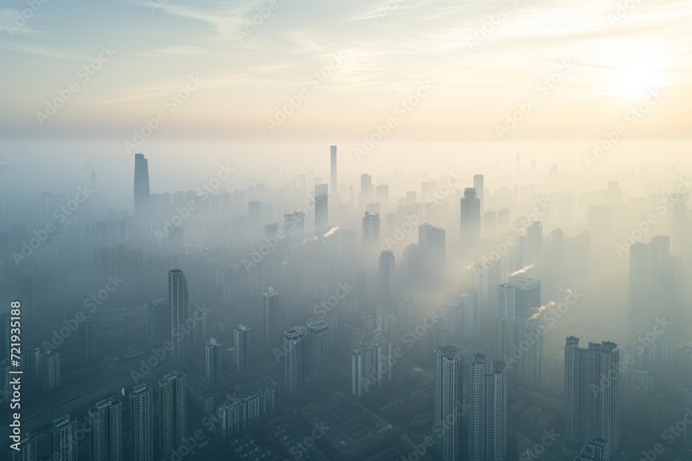 As the sun rises over the hazy metropolis, towering skyscrapers emerge from the fog to create a breathtaking cityscape that captures the essence of urban living