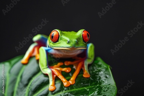 Red Eyed Tree Frog, Agalychnis Calidrids, on a Leaf with Black Background