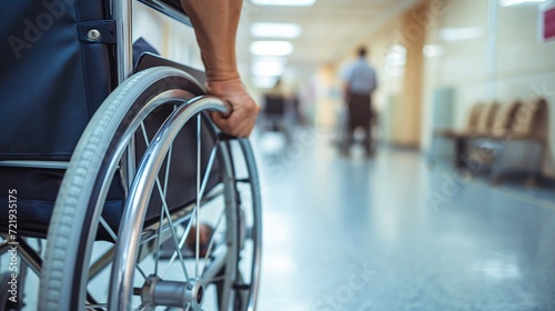A male patient with a physical impairment is receiving medical support while holding a wheelchair at a hospital.