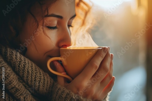 A poised woman savors her morning ritual, her delicate fingers cradling a steaming cup of coffee as she gazes thoughtfully into the swirling depths