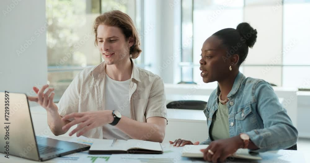 Laptop, friends and students writing notes at university, learning statistics or education. Computer, man and woman in college together, diversity of happy team study and typing in class discussion
