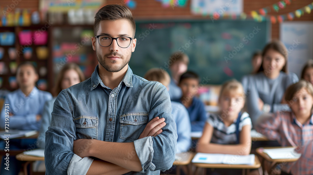 Fototapeta premium 活発な教室でのディスカッションを熱心に指導する先生。優しい小学校教員のイメージ。