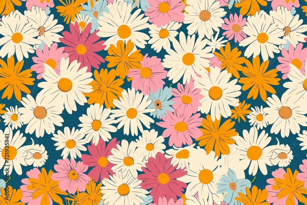 Trendy floral seamless pattern illustration. Vintage 70s style hippie flower background design. Colorful pastel color groovy artwork, y2k nature backdrop with daisy flowers.