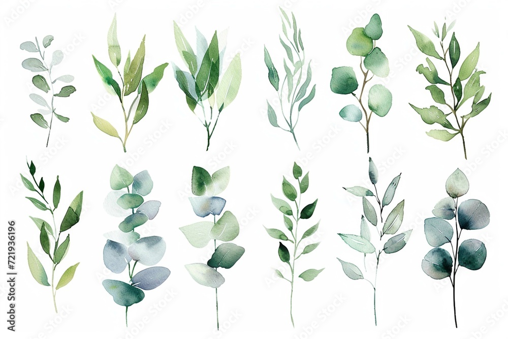 Watercolor floral illustration set - green leaf branches bouquets ...