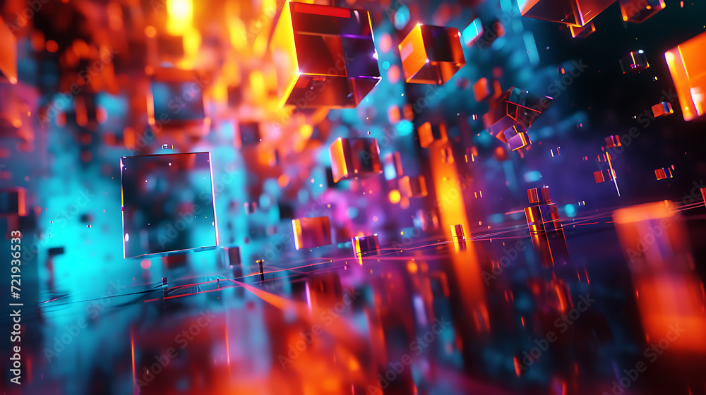 A stunning and innovative 3D abstract render that combines unique shapes and vibrant colors to create a visually captivating artwork.