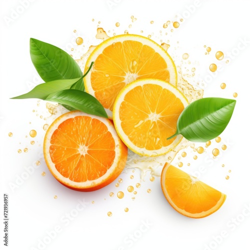 Orange and orange slices with leaves and water juice drops on white background for advertising