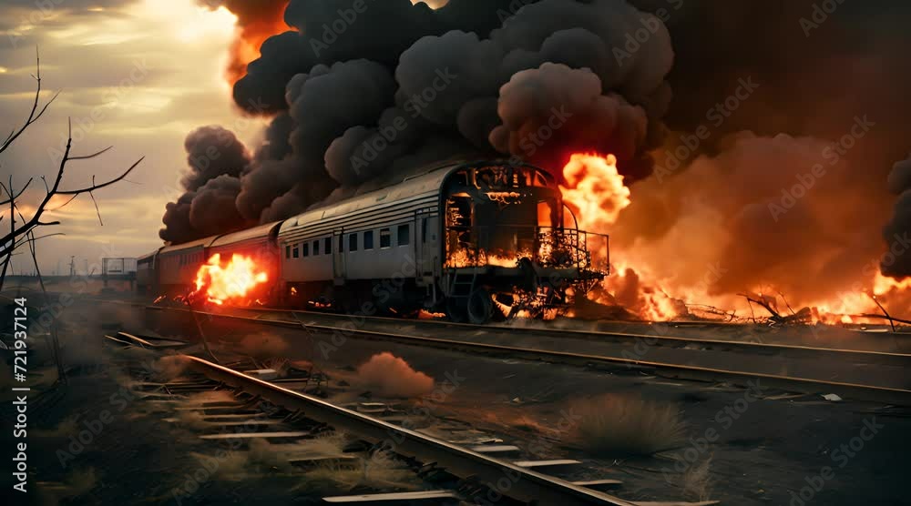 The scene of a train burning at the station due to an accident