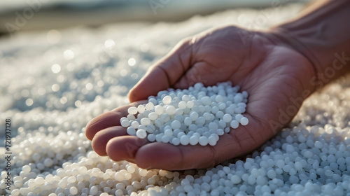 A hand holds a handful of small, round white pellets, possibly chemical fertilizers or a similar industrial material, against a blurred background of similar substances.