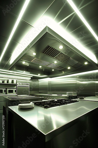 Industrial Kitchen with Metallic Equipment, Stainless Steel Oven, and Professional Design