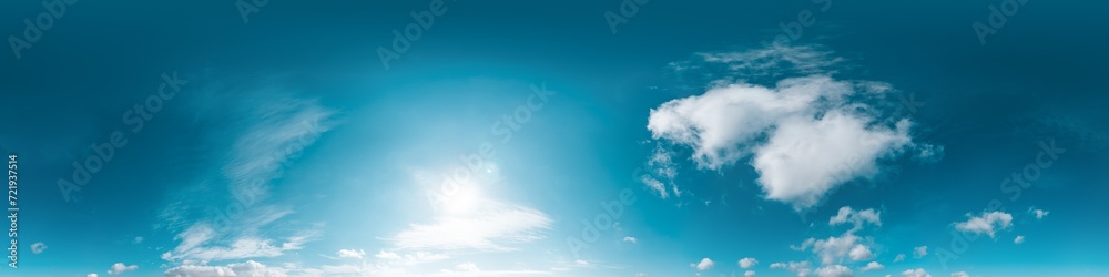 Sky 360 panorama - Bright blue sky filled with fluffy white Cumulus clouds. Seamless hdr spherical 360 panorama. Sky dome sky replacement for aerial drone 360 panoramas. Weather and climate change