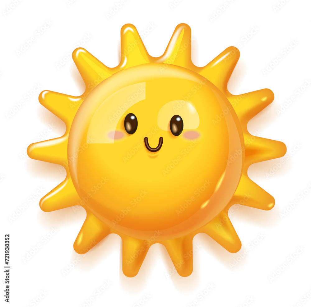 Smile 3d sun. Yellow bright smiling symbol of hot season, isolated sun with smile. Sun 3D character. Happy yellow sun emoji with smiled face. Vector illustration of smile expression emotion