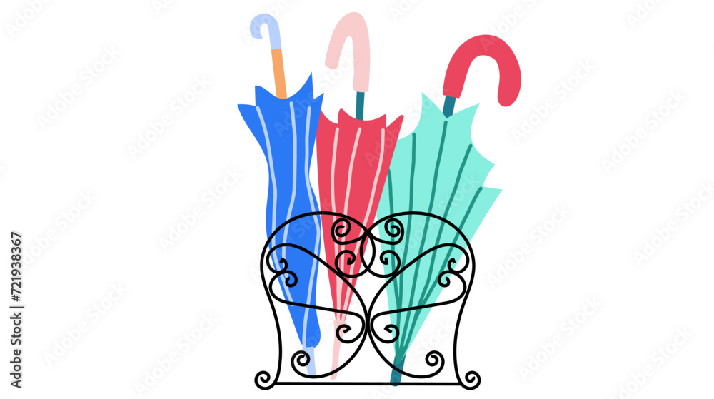 Three closed umbrellas stand in a carved black stand. The illustration is in a flat style. Three closed umbrellas stand in a carved black stand. The illustration is in a flat style.