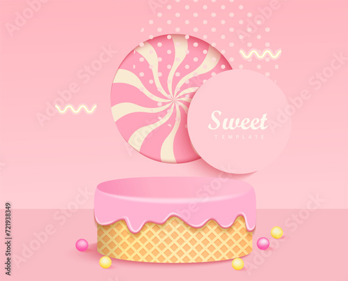 3D sweet podium,waffle stage covered fluid cream and round window shape with big candy lollypop.Design for sweet product display, promotion for kids,baby,girl products.Pastel pink minimal scene.Vector