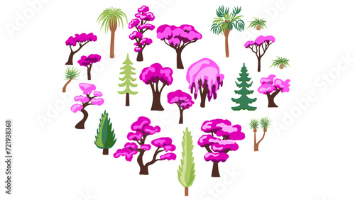 Set of hand-drawn spring flowering trees, palm trees, fir trees, and larches. icons in a flat style for painting landscape and architecture, elements for the environment or garden.