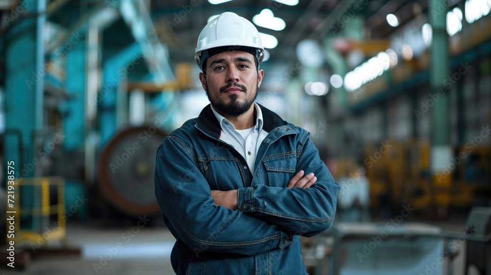 A confident engineer with crossed arms wearing a white hard hat and work attire stands in an industrial manufacturing plant. A confident engineer with crossed arms wearing a white hard hat and work attire stands in an industrial manufacturing plant.