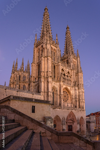 Gothic cathedral facade of the city of Burgos at night in a suuny day. Castilla y Leon, Spain.