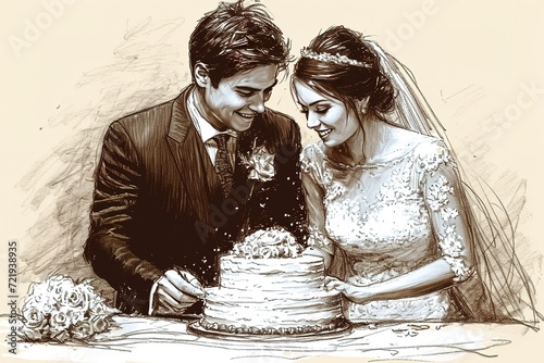Doodle of a happy couple cutting their wedding cake together