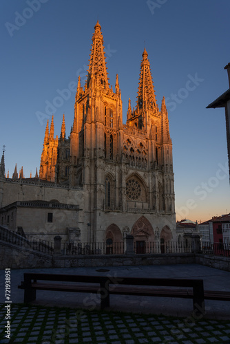 Gothic cathedral facade of the city of Burgos at sunset in a suuny day. Castilla y Leon, Spain.