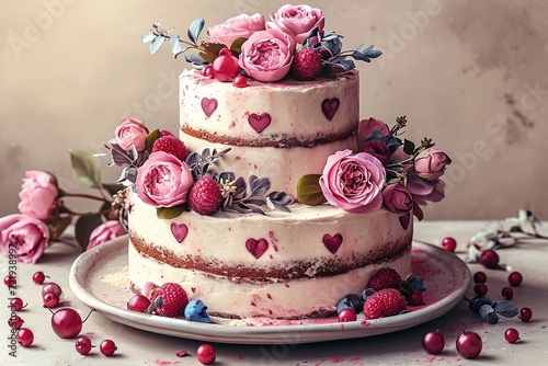 Doodle of a wedding cake adorned with floral decorations and icing hearts