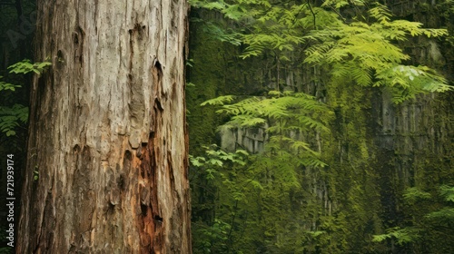A large tree in the middle of the forest, with a backdrop of steep cliffs and wild plants.