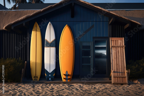 Surfboards and beach bathing cabins