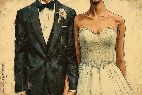 Doodle of a wedding dress and tuxedo hanging side by side