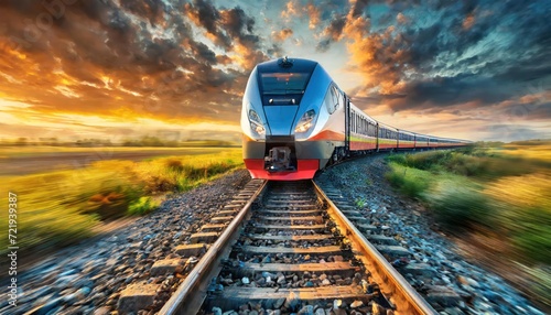 High speed train in motion on the railway station at sunset. Fast moving modern passenger train on railway platform. Railroad with motion blur effect. Commercial transportation. Blurred background photo