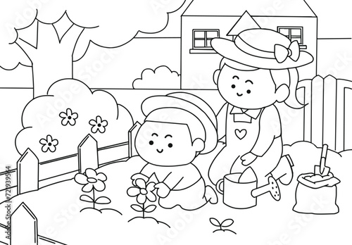 Kid and his mom plant on the garden, coloring book.