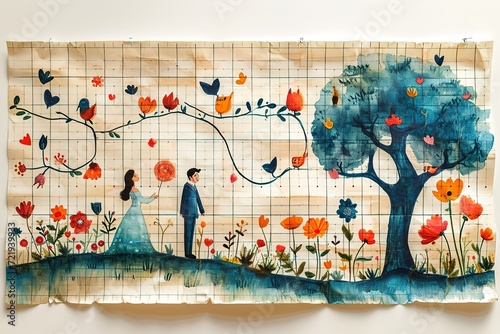 Doodle of a wedding-themed timeline with cute illustrations at each stage
