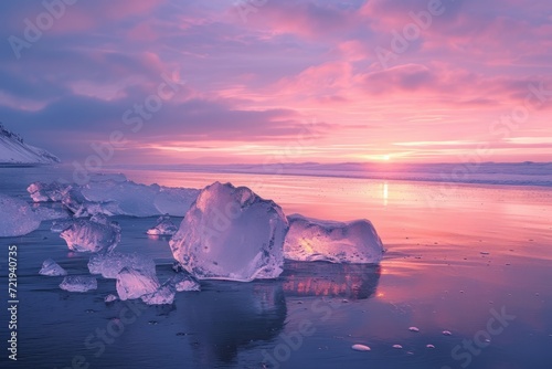 Tranquil scene of icebergs at sunset with pink hues, perfect for themes of nature, serenity, and climate.