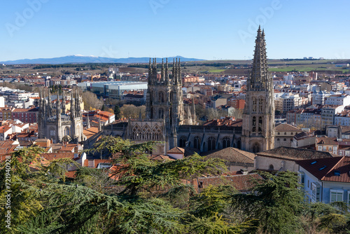 Aerial view of the Gothic cathedral of Burgos since castle lookout in a sunny day. Castilla y Leon, Spain.