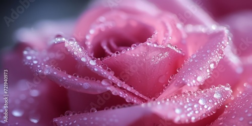 Close-up of a dew-kissed pink rose, perfect for themes of romance, beauty, and nature's delicacy.