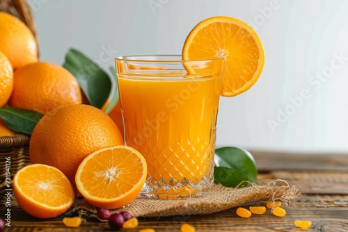 Orange juice delight Glass on basket, surrounded by fresh fruits photo