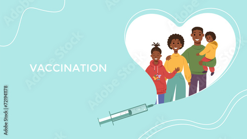 Family vaccination.Medical banner with copy space.Mom and dad with children in heart.Medical syringe for injection.Vector stock illustration.