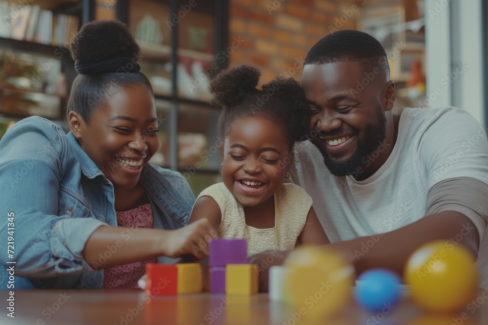 Cheerful African American family of three having fun, playing with toys together at home Cheerful African American family of three having fun, playing with toys together at home