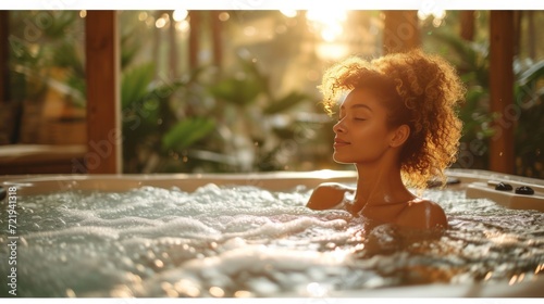 Sérénité au coucher du soleil : Moment paisible dans un bain à remous en pleine nature photo