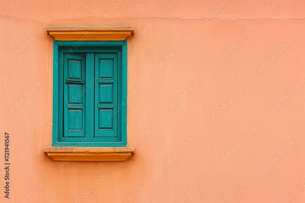 Bright turquoise window on peach colored wall, Mediterranean style

