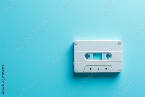 Minimalist retro cassette tape on blue background with copy space