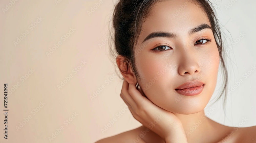 Experience perfection with a close-up of a young Asian woman delicately massaging her flawless face. Explore the essence of beauty in our face cream commercial. Experience perfection with a close-up of a young Asian woman delicately massaging her flawless face. Explore the essence of beauty in our face cream commercial.