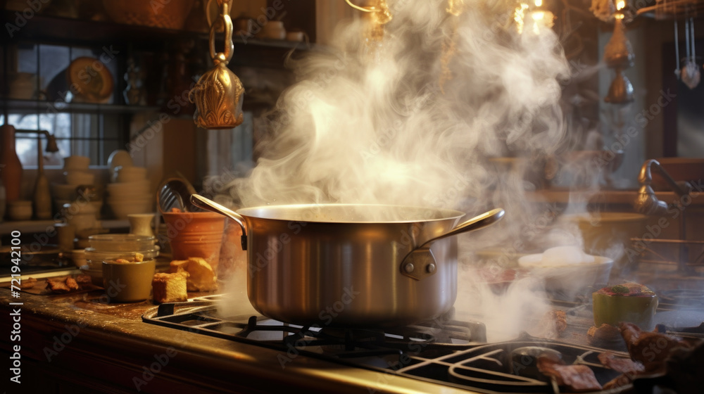 Boiling water with steam in a pot on an electric stove in the kitchen. Boiling water with steam in a pot on an electric stove in the kitchen.