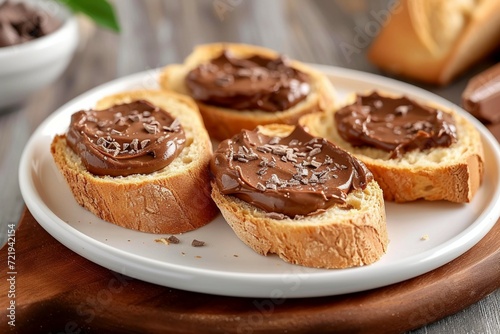 Chocolaty delight Slices of baguette generously spread with chocolate paste