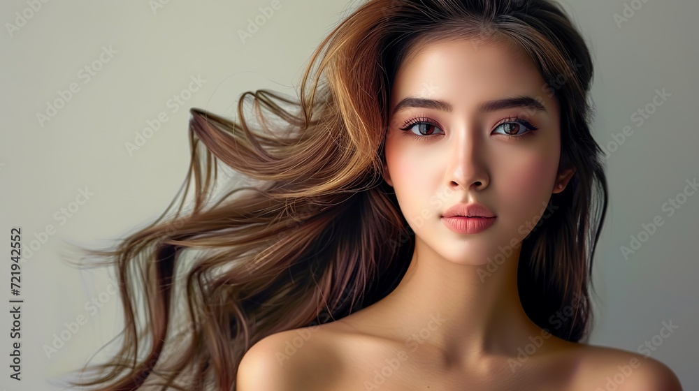 Fototapeta premium Elevate your beauty experience with a stunning woman boasting brown hair and fair skin. Discover radiance and allure effortlessly. Generative AI