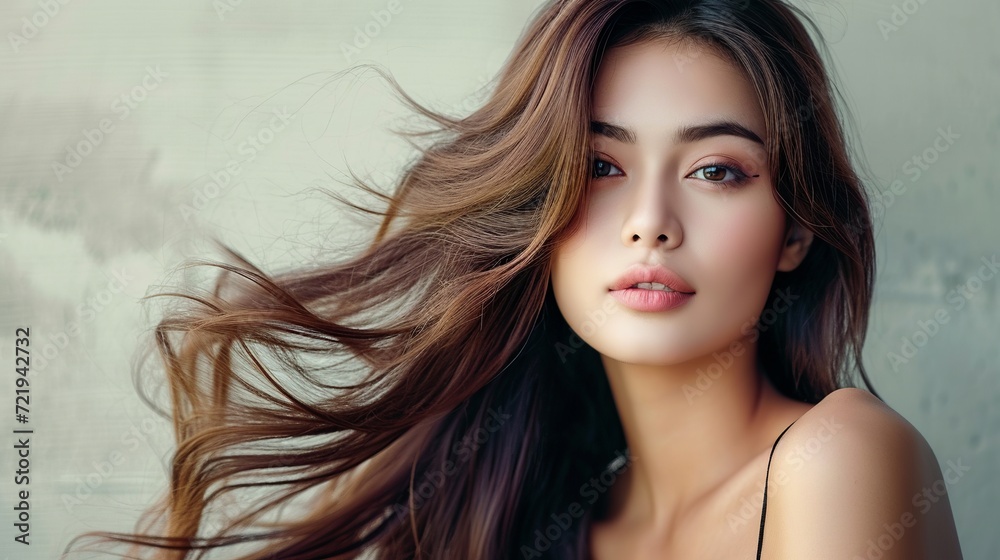 Fototapeta premium Elevate your beauty experience with a stunning woman boasting brown hair and fair skin. Discover radiance and allure effortlessly. Generative AI