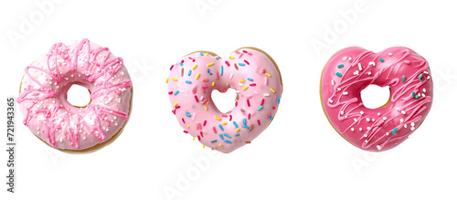 Collection Set of Pink Donut in the Shape of a Heart, isolated over on transparent background