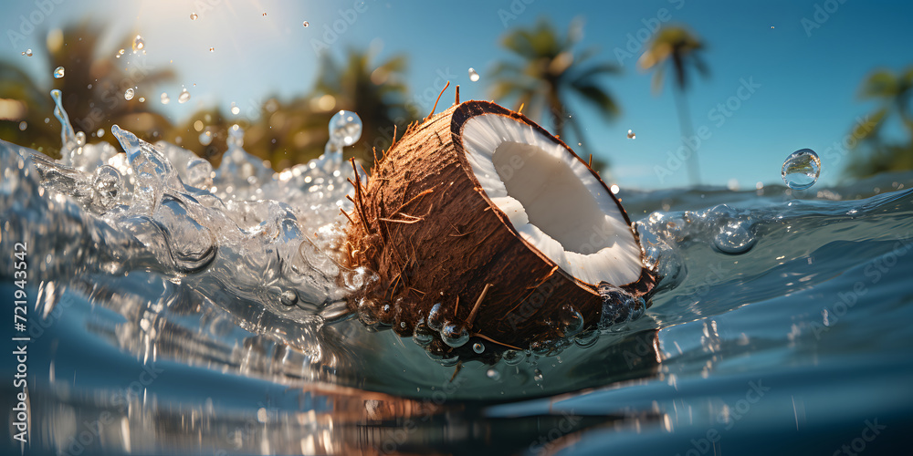 A Split Coconut Falls from a Tree and Lands in Water A Split Coconut Falls from a Tree and Lands in Water